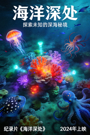 纪录片《海洋深处》海报，深海生物与珊瑚礁景观